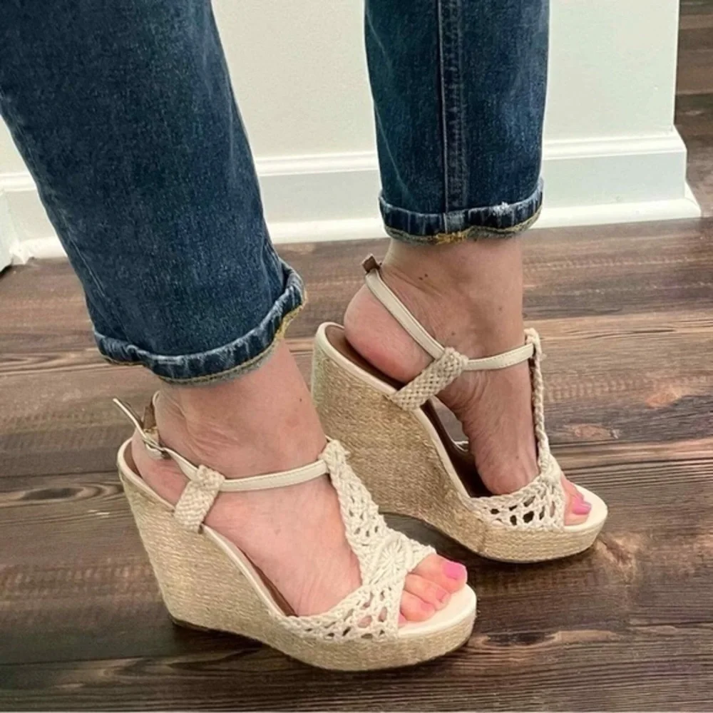 Lucky Brand Y2K Cream Crochet Boho Festival Strap Espadrille Wedge Sandal Sz 8